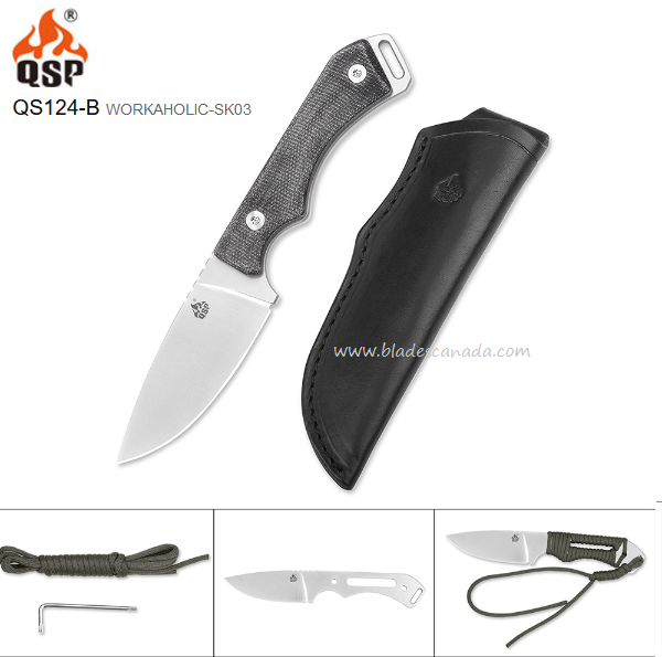 QSP Workaholic Fixed Blade Knife, N690, Linen Micarta, Leather Sheath, QS124-B - Click Image to Close